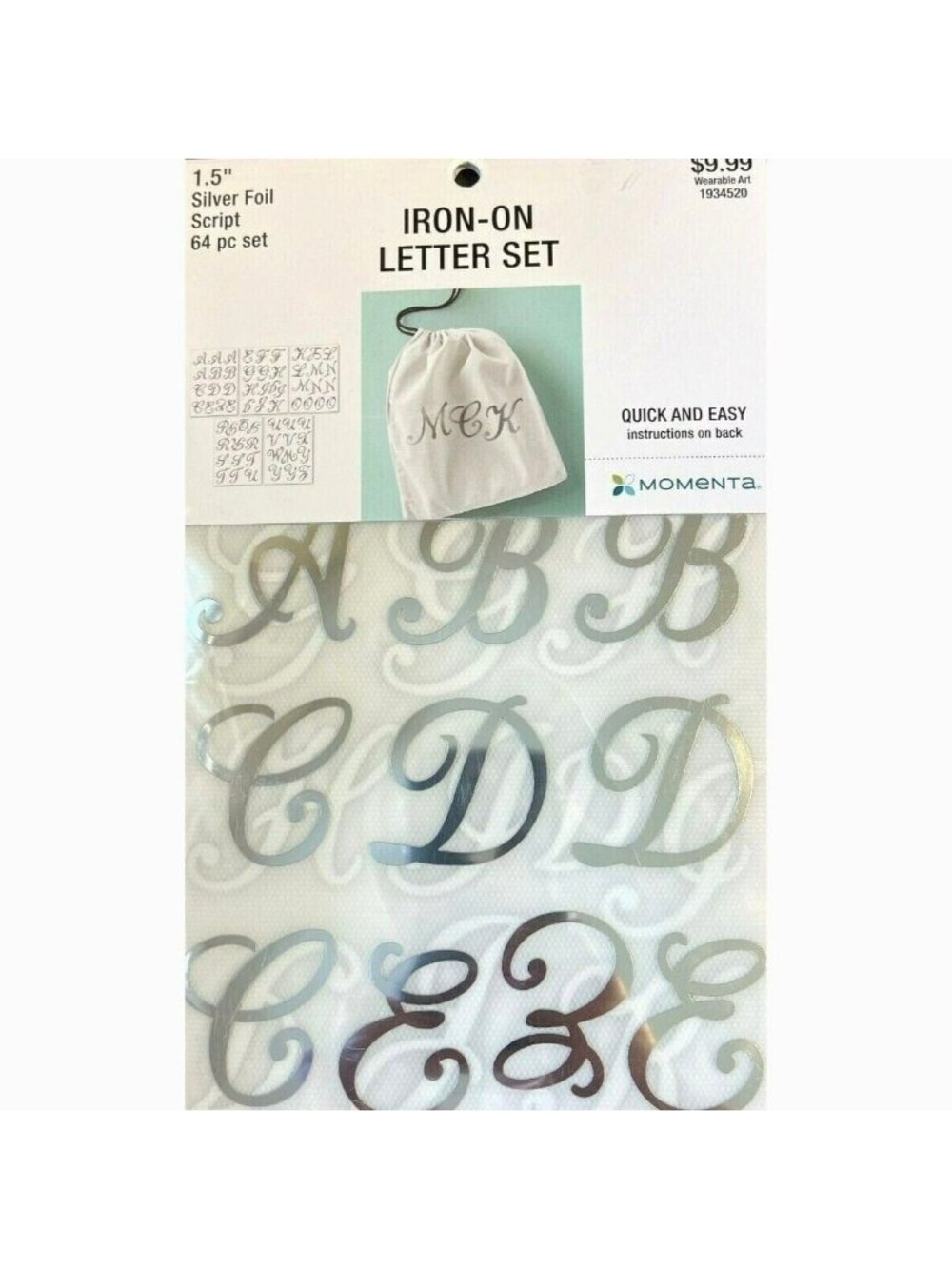 Momenta Iron-On Letter Set Silver Foil Script 1.5" Letter 64-Pc Wearable Crafts - Picture 1 of 3